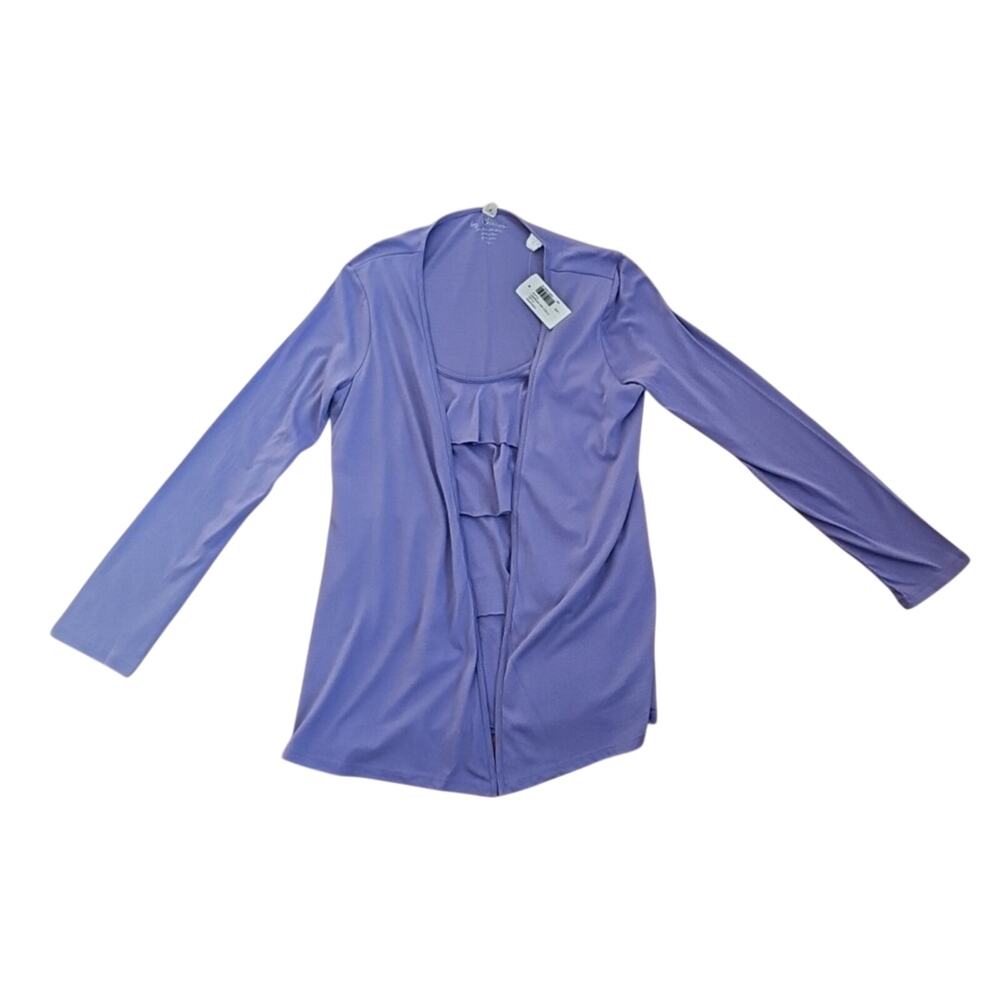 Chicos Cardigan Ruffled Wrap Womens Purple Polyester Cotton Blouse Top Sz 1 New